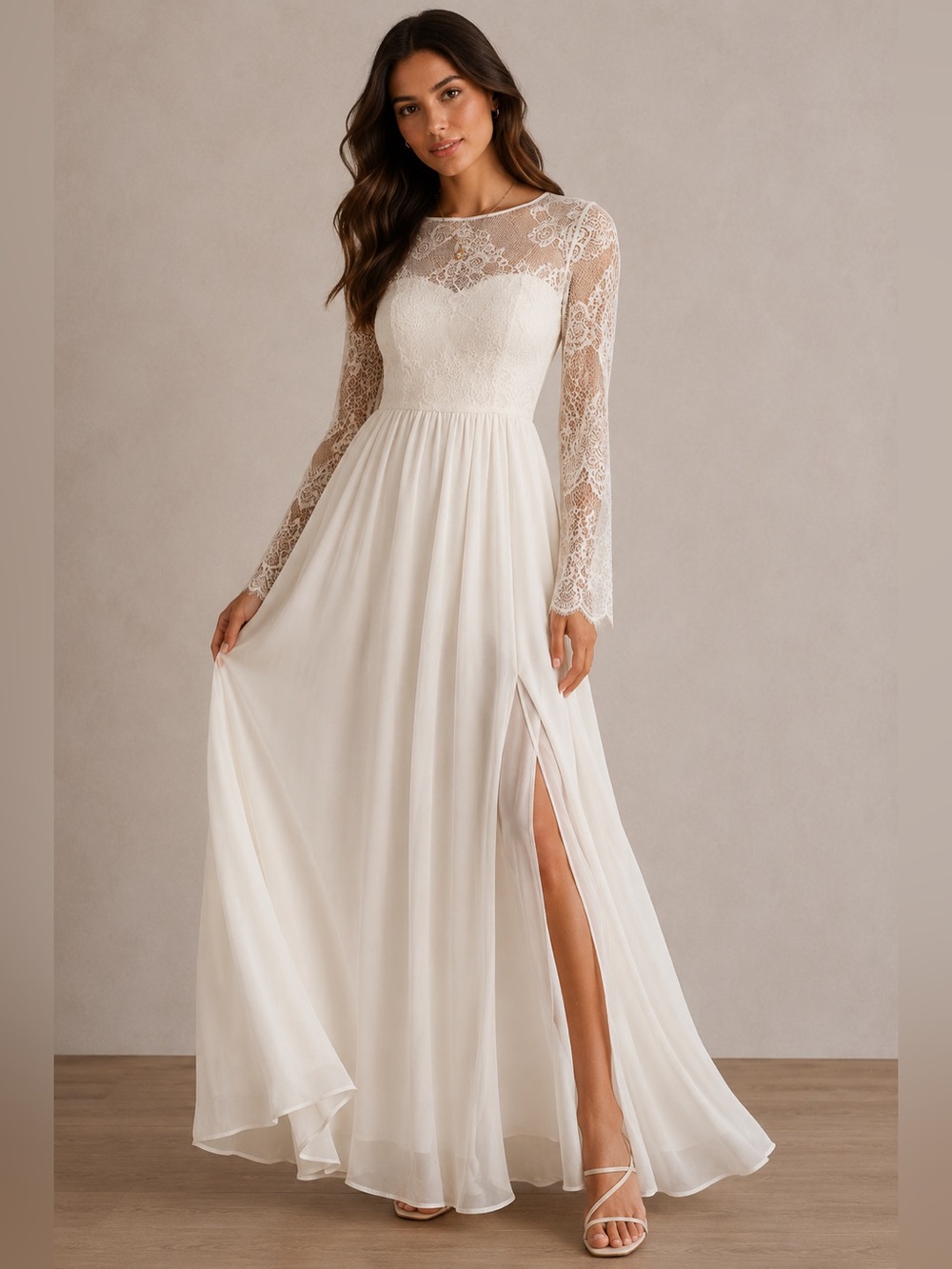 Vintage Ivory Lace Maxi Dress Sheer‎ Long Sleeve Bridal Cottagecore Gown